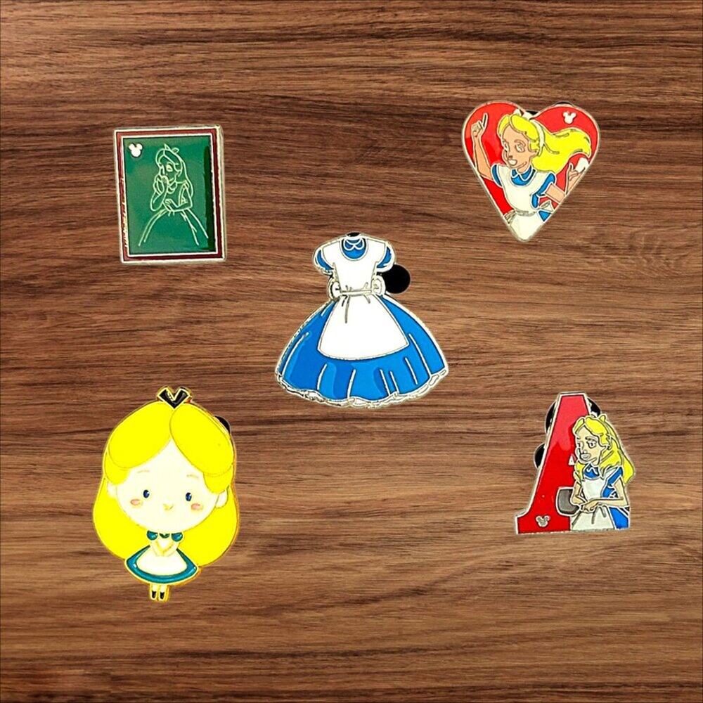 5 Alice in Wonderland Disney Parks Trading Pins, Plus 2 Bonus Pins